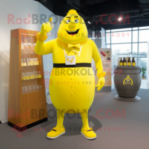 Lemon Yellow Strongman mascot costume character dressed with a Cocktail Dress and Coin purses