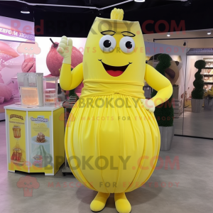 Lemon Yellow Strongman mascot costume character dressed with a Cocktail Dress and Coin purses