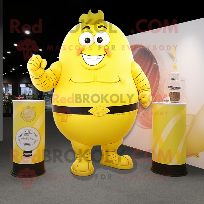 Lemon Yellow Strongman mascot costume character dressed with a Cocktail Dress and Coin purses