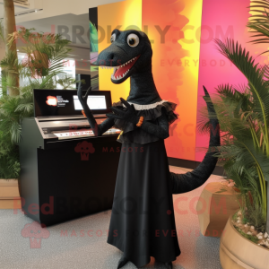 Black Coelophysis mascot costume character dressed with a Midi Dress and Shawls