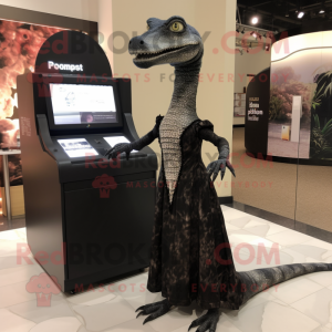 Black Coelophysis mascot costume character dressed with a Midi Dress and Shawls