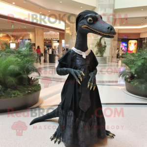Black Coelophysis mascot costume character dressed with a Midi Dress and Shawls