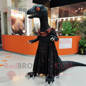 Black Coelophysis mascot costume character dressed with a Midi Dress and Shawls