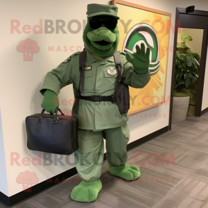 Green Navy Seal mascot costume character dressed with a Graphic Tee and Briefcases