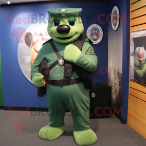 Green Navy Seal mascot costume character dressed with a Graphic Tee and Briefcases
