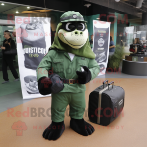 Green Navy Seal mascot costume character dressed with a Graphic Tee and Briefcases