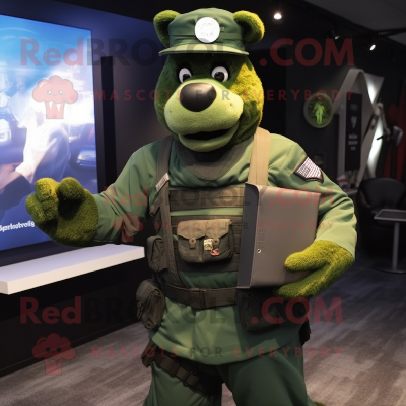 Green Navy Seal mascot costume character dressed with a Graphic Tee and Briefcases