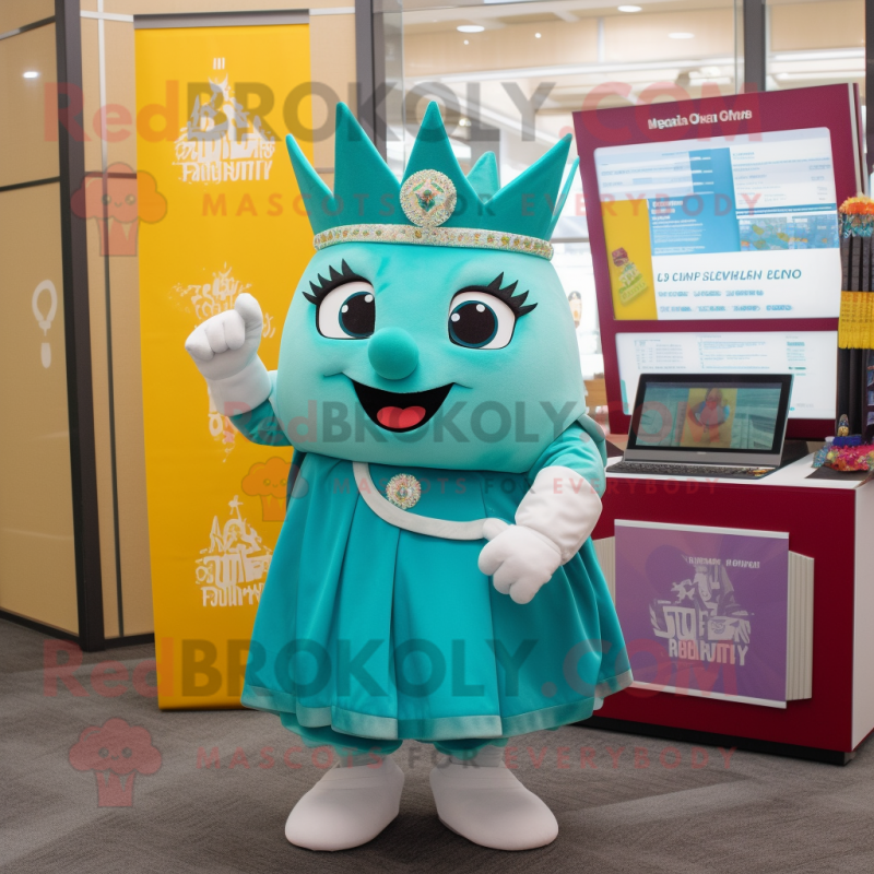 Teal King mascot costume character dressed with a Mini Skirt and Coin purses Teal King mascot costume character dressed with a Mini Skirt and Coin purses