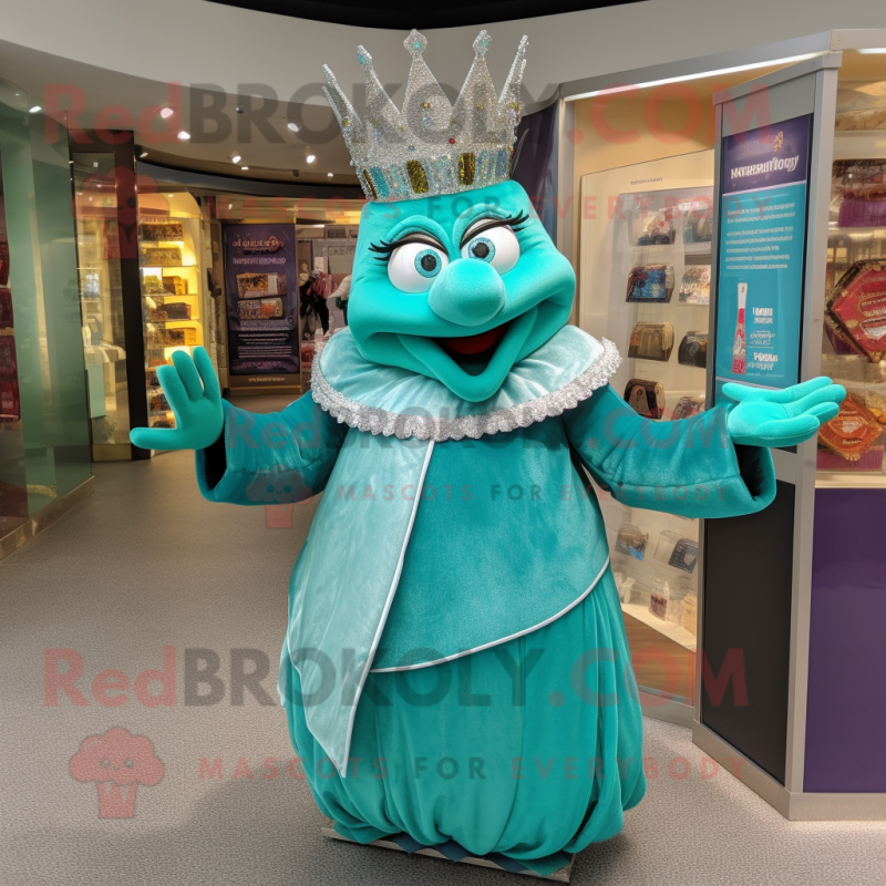Teal King mascot costume character dressed with a Mini Skirt and Coin purses Teal King mascot costume character dressed with a Mini Skirt and Coin purses
