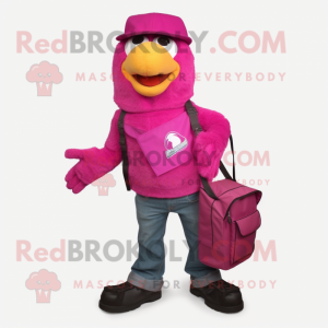 Magenta Kiwi mascot costume character dressed with a Bootcut Jeans and Messenger bags