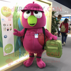 Magenta Kiwi mascot costume character dressed with a Bootcut Jeans and Messenger bags