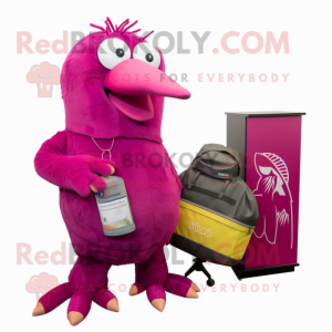 Magenta Kiwi mascot costume character dressed with a Bootcut Jeans and Messenger bags