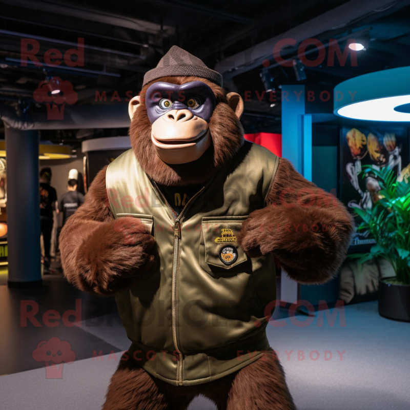 Brown Gorilla mascot costume character dressed with a Bomber Jacket and Berets