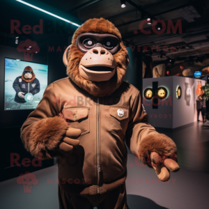 Brown Gorilla mascot costume character dressed with a Bomber Jacket and Berets