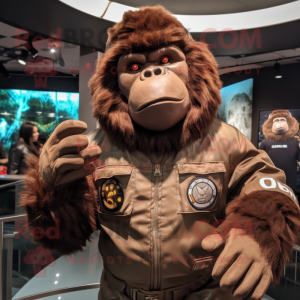 Brown Gorilla mascot costume character dressed with a Bomber Jacket and Berets