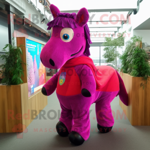 Magenta Horse mascot costume character dressed with a Cardigan and Foot pads