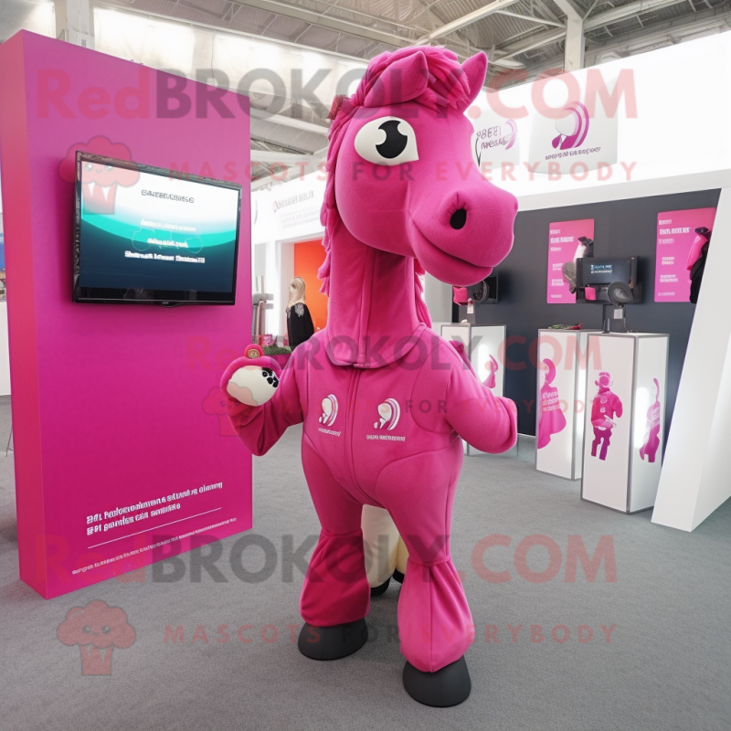 Magenta Horse mascot costume character dressed with a Cardigan and Foot pads