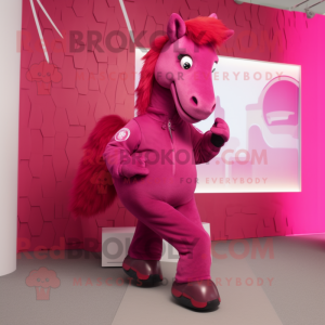 Magenta Horse mascot costume character dressed with a Cardigan and Foot pads