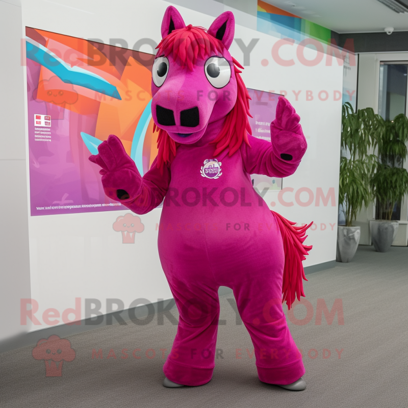 Magenta Horse mascot costume character dressed with a Cardigan and Foot pads