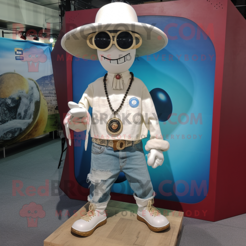 Cream Gyro mascot costume character dressed with a Denim Shorts and Necklaces Cream Gyro mascot costume character dressed with a Denim Shorts and Necklaces