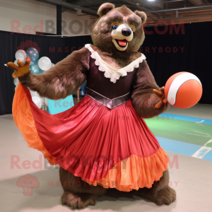 Rust Sloth Bear mascot costume character dressed with a Ball Gown and Wraps