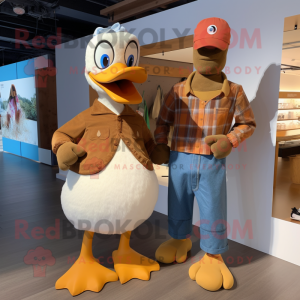 Brown Muscovy Duck mascot costume character dressed with a Boyfriend Jeans and Foot pads