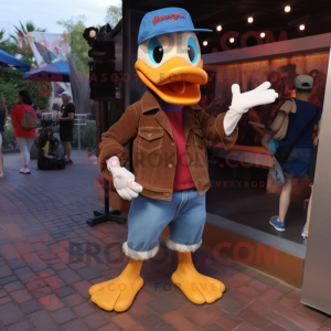 Brown Muscovy Duck mascot costume character dressed with a Boyfriend Jeans and Foot pads