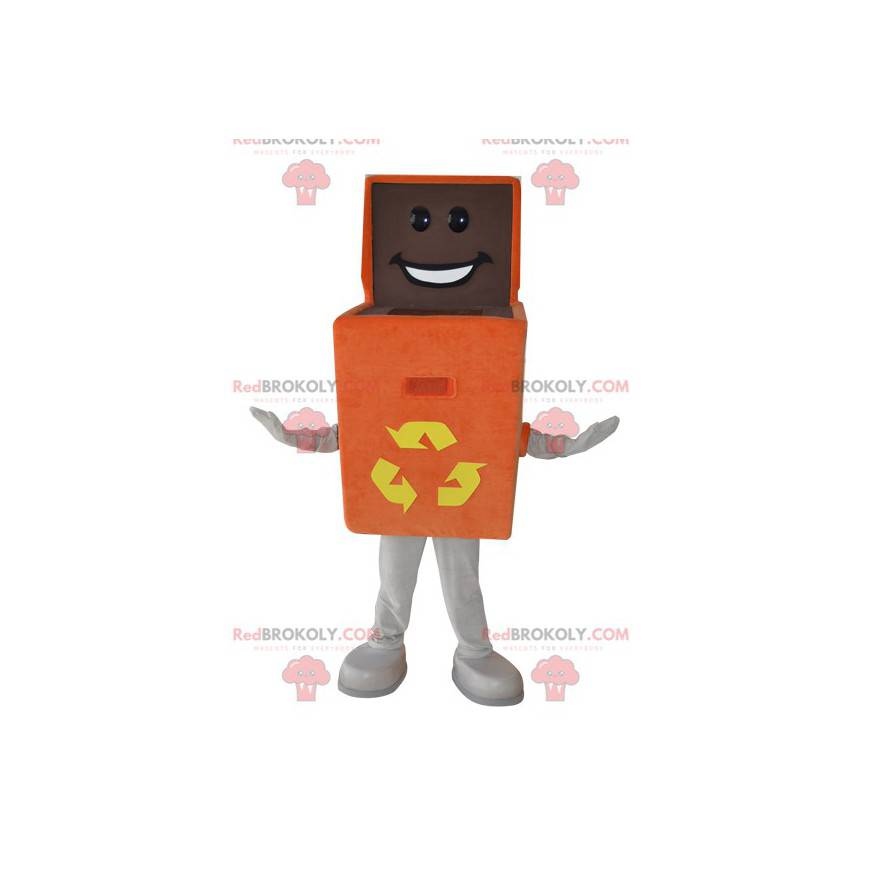 Mascote da caixa laranja. Mascote da lixeira para reciclar -
