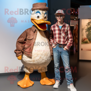 Brown Muscovy Duck mascot costume character dressed with a Boyfriend Jeans and Foot pads