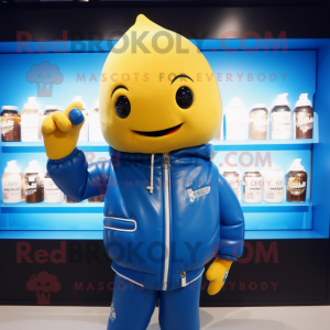 Blue Bottle Of Mustard mascot costume character dressed with a Leather Jacket and Keychains