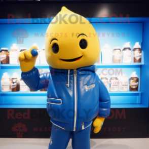 Blue Bottle Of Mustard mascot costume character dressed with a Leather Jacket and Keychains