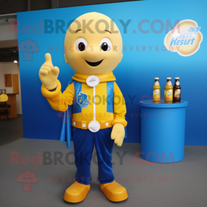 Blue Bottle Of Mustard mascot costume character dressed with a Leather Jacket and Keychains