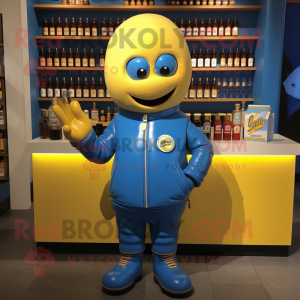 Blue Bottle Of Mustard mascot costume character dressed with a Leather Jacket and Keychains