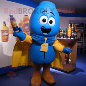 Blue Bottle Of Mustard mascot costume character dressed with a Leather Jacket and Keychains