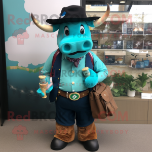 Turquoise Beef Wellington mascot costume character dressed with a Oxford Shirt and Wallets