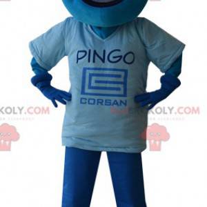 Blue snowman mascot with the head in the shape of a drop -