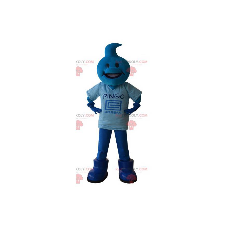 Blue snowman mascot with the head in the shape of a drop -