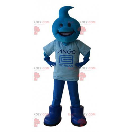 Blue snowman mascot with the head in the shape of a drop -