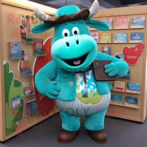 Turquoise Beef Wellington mascot costume character dressed with a Oxford Shirt and Wallets