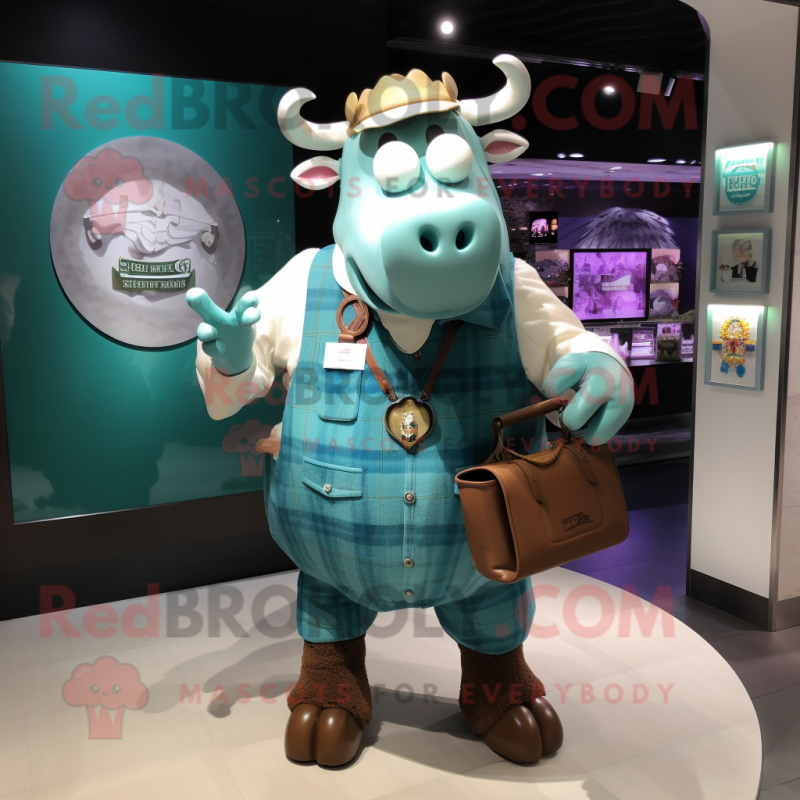 Turquoise Beef Wellington mascot costume character dressed with a Oxford Shirt and Wallets