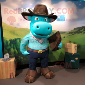 Turquoise Beef Wellington mascot costume character dressed with a Oxford Shirt and Wallets