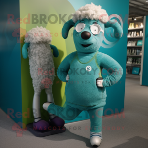 Teal Merino Sheep mascot costume character dressed with a Yoga Pants and Keychains