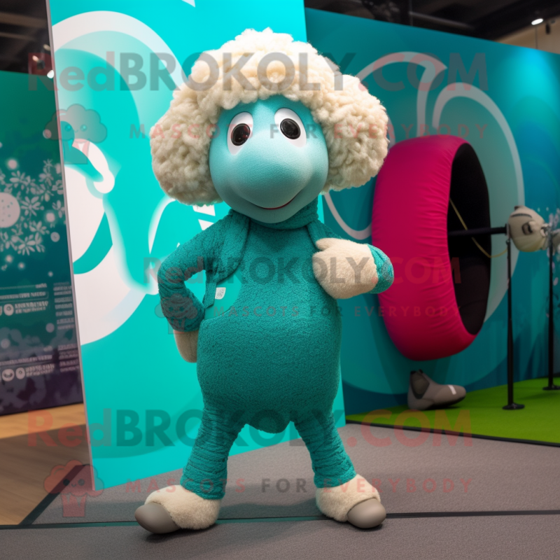 Teal Merino Sheep mascot costume character dressed with a Yoga Pants and Keychains