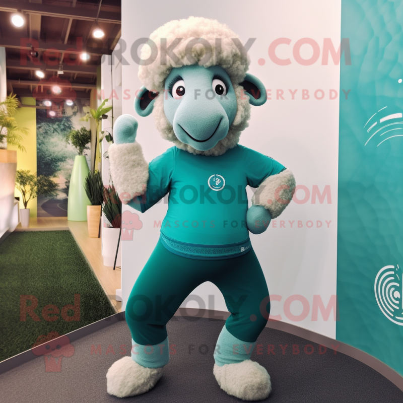 Teal Merino Sheep mascot costume character dressed with a Yoga Pants and Keychains