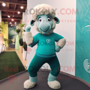 Teal Merino Sheep mascot costume character dressed with a Yoga Pants and Keychains