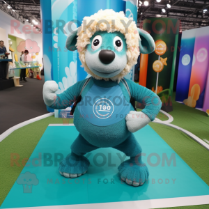 Teal Merino Sheep mascot costume character dressed with a Yoga Pants and Keychains