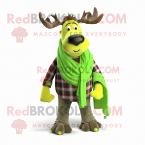 Lime Green Elk mascot costume character dressed with a Flannel Shirt and Scarf clips