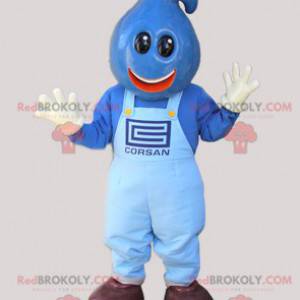 Blue snowman mascot with the head in the shape of a drop -