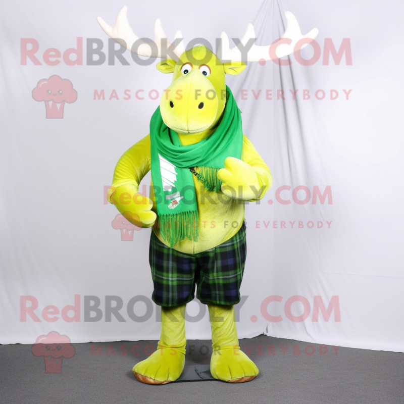 Lime Green Elk mascot costume character dressed with a Flannel Shirt and Scarf clips Lime Green Elk mascot costume character dressed with a Flannel Shirt and Scarf clips