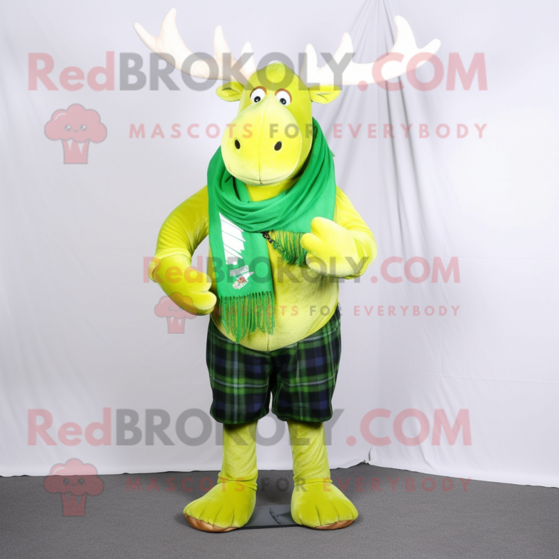 Lime Green Elk mascot costume character dressed with a Flannel Shirt and Scarf clips